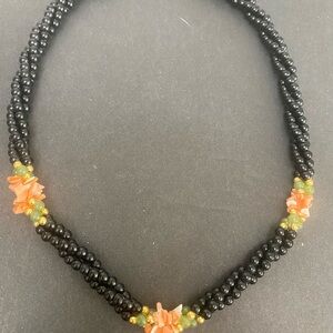Elegant Multistrand Black Onyx Beaded Necklace Coral Accents